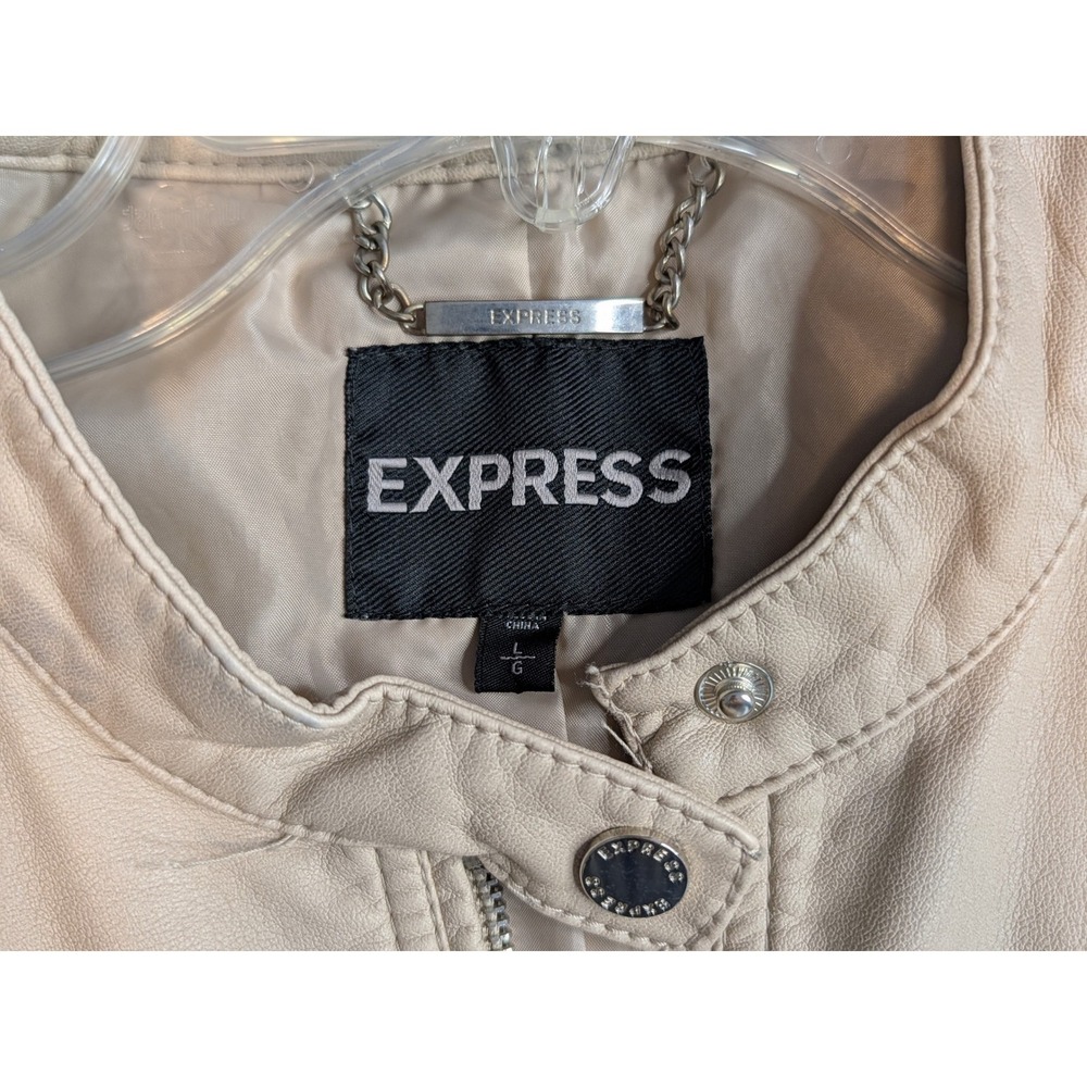 Express Womens Tan Faux Leather Moto Jacket Quilted Shoulder‎ Beige Large 90170 - Picture 2 of 12